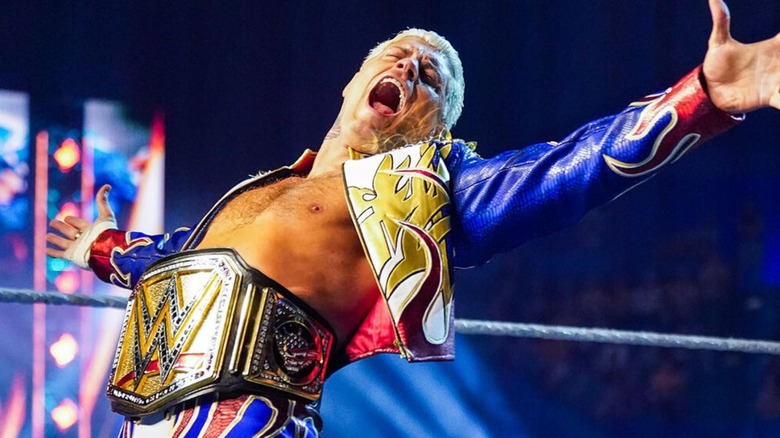 Undisputed WWE Champion Cody Rhodes poses with the title around his waist in the ring before his Crown Jewel match against Seth Rollins.
