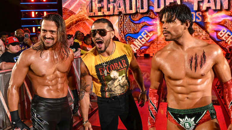 Angel, Santos Escobar and Berto, of Legado del Fantasma, make their entrance during SmackDown at Nutter Center on May 9, 2025 in Fairborn, Ohio.