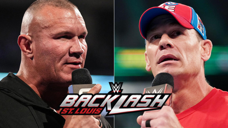 Split image with Randy Orton and John Cena speaking into WWE microphones
