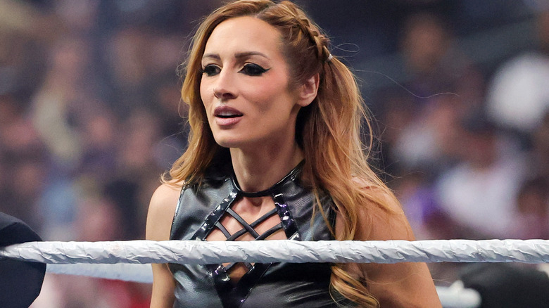 Becky Lynch is introduced before her match with Lyra Valkyria for the Women's Tag Team Championship against Liv Morgan and Raquel Rodriguez during WrestleMania 41 at Allegiant Stadium on April 20, 2025 in Las Vegas, Nevada