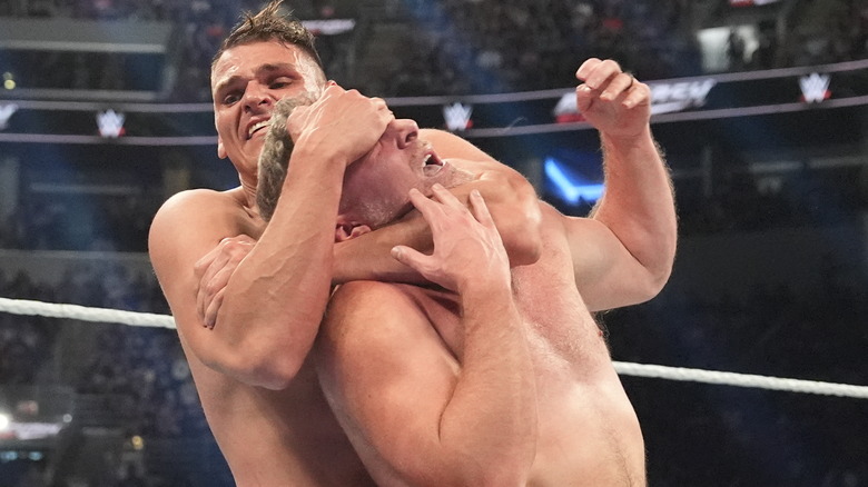 Gunther and Pat McAfee in action during WWE Backlash at Enterprise Center on May 10, 2025 in St Louis, Missouri.