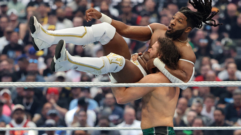 Sami Zayn throws Trick Williams during the United States Championship match during WrestleMania 42 at Allegiant Stadium on April 19, 2026 in Las Vegas, Nevada.