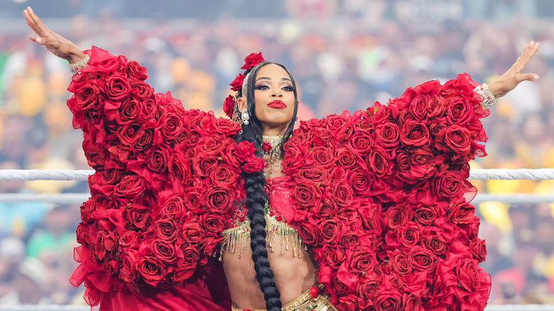 Bianca Belair is introduced before the Women's World Championship title match against Iyo Sky and Rhea Ripley during WrestleMania 41