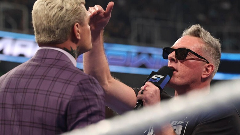 Pat McAfee gets in the face of Cody Rhodes during a promo segment in the ring on "WWE SmackDown."