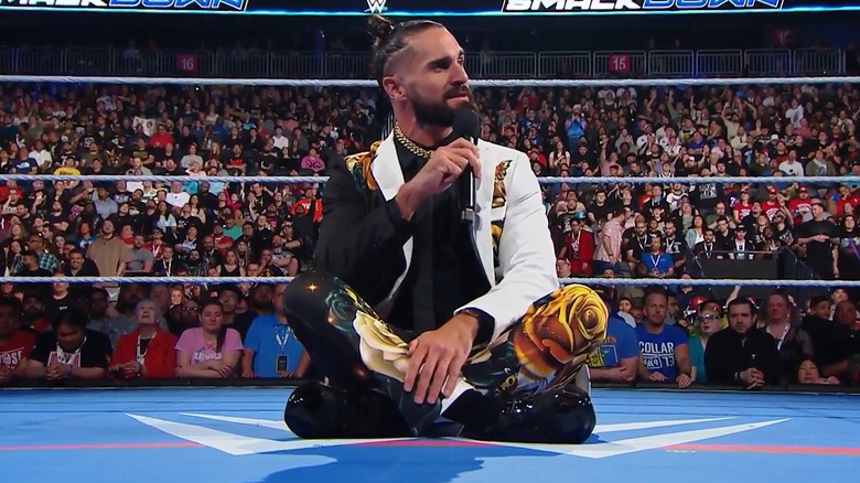Seth Rollins cutting his own 'pipe bomb' styled promo during an episode of "SmackDown."