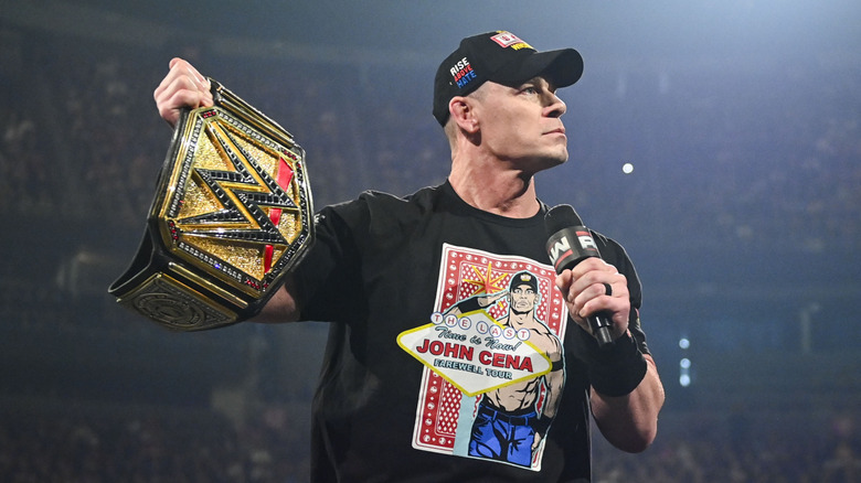 John Cena with the Undisputed Championship title during Monday Night Raw at T-Mobile Arena on April 21, 2025 in Las Vegas, Nevada.