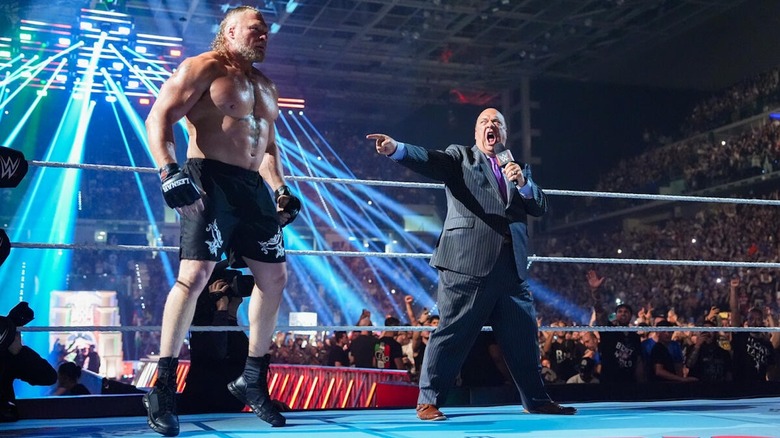 Paul Heyman points at Brock Lesnar while screaming into a microphone at WWE Clash in Italy 2026