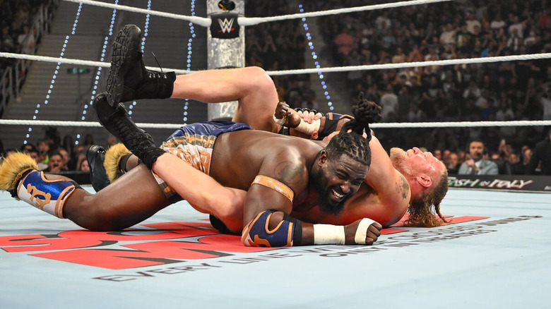 Brock Lesnar with the Kimura on Oba Femi at WWE Clash in Italy 2026