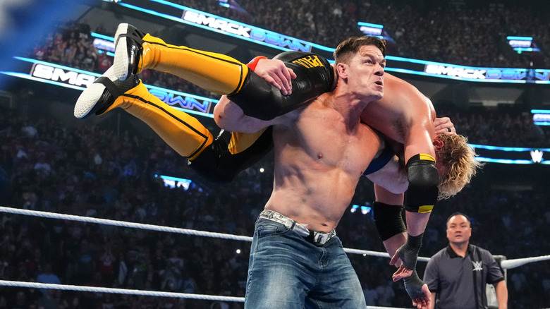 John Cena with an Attitude Adjustment to Logan Paul during SmackDown at Bell Centre on August 8, 2025 in Montreal, Canada.