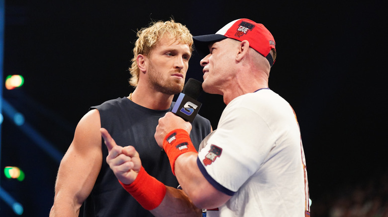 Logan Paul and John Cena face off during promo at SmackDown at LDLC Arena on August 29, 2025 in Lyon, France.