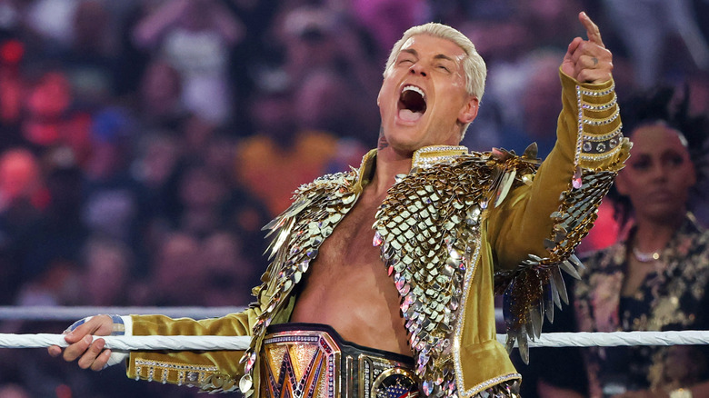 Cody Rhodes is introduced before his match against Randy Orton for the Undisputed WWE Championship during WrestleMania 42 at Allegiant Stadium on April 18, 2026 in Las Vegas, Nevada.