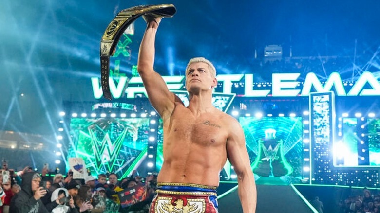 Cody Rhodes with the Undisputed WWE Universal Championship after defeating Roman Reigns at WrestleMania 40.