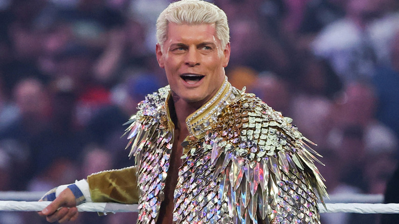 Cody Rhodes is introduced before his match against Randy Orton for the Undisputed WWE Championship during WrestleMania 42 at Allegiant Stadium on April 18, 2026 in Las Vegas, Nevada