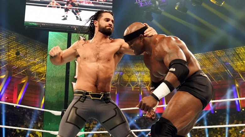 Seth Rollins and Bobby Lashley at WWE Crown Jewel 2018