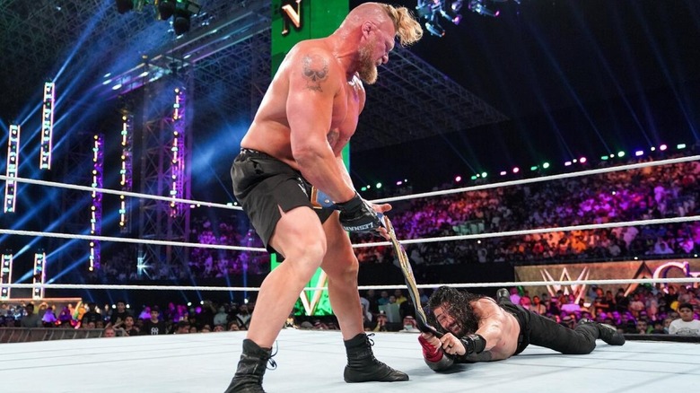 Brock Lesnar and Roman Reigns tussle for the Universal Championship