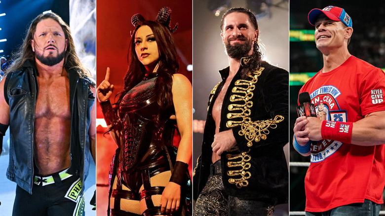 A split image showing individual photos of AJ Styles, Stephanie Vaquer, Seth Rollins and John Cena