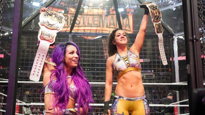 Sasha Banks and Bayley hold up the WWE women's tag titles at Elimination Chamber 2019