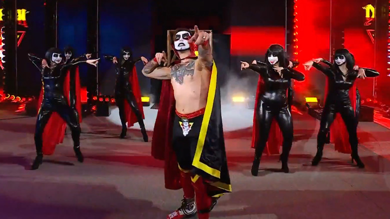 Danhausen makes his entrance flanked by Danhausen dancers at WWE Elimination Chamber