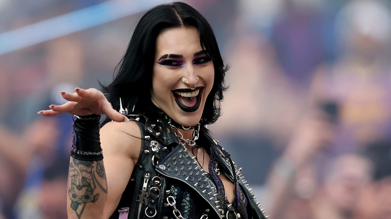 Rhea Ripley makes her entrance before a triple threat match against Naomi and Iyo Sky during the WWE 2025 SummerSlam at MetLife Stadium on August 03, 2025 in East Rutherford, New Jersey.