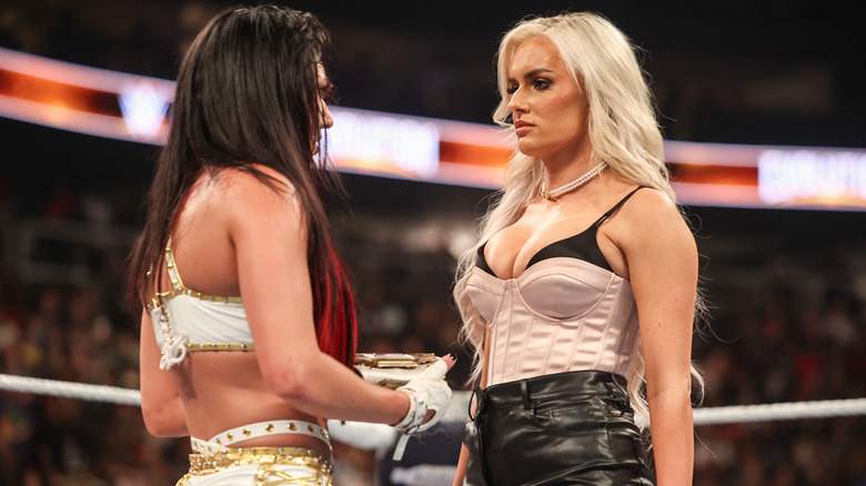 Jacy Jayne and Blake Monroe face off during WWE Evolution at State Farm Arena on July 13, 2025 in Atlanta, Georgia.