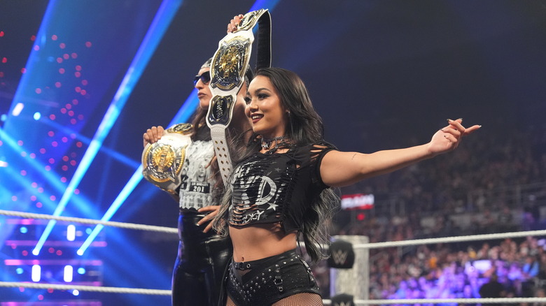 WWE Women's Tag Team Champions Raquel Rodriguez and Roxanne Perez make their entrance during Monday Night RAW at Amica Mutual Pavillion on July 7, 2025 in Providence, Rhode Island.