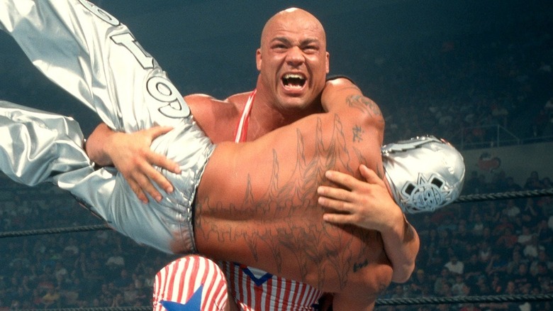 Kurt Angle wrestling Rey Mysterio at WWE SummerSlam 2002