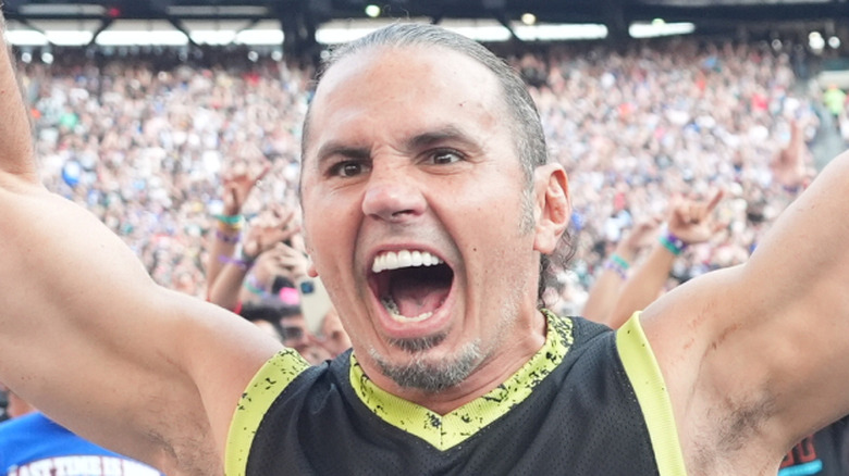 Matt Hardy, with mouth wide open, under the sunlight