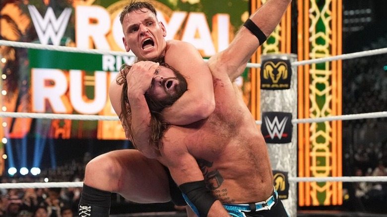 GUNTHER puts AJ Styles in a sleeper hold in the middle of their during their match at the 2026 Royal Rumble.