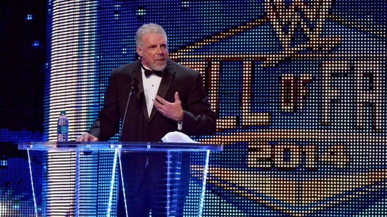 Ultimate Warrior delivers his acceptance speech during his induction into the WWE Hall of Fame.