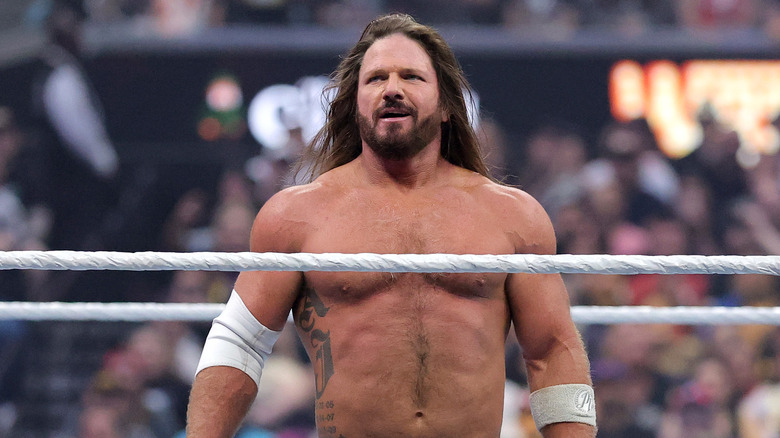AJ Styles reacts in the ring during his match against Logan Paul during WrestleMania 41 at Allegiant Stadium on April 20, 2025 in Las Vegas, Nevada.