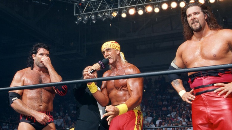 Scott Hall, Hulk Hogan, and Kevin Nash moments after Hogan turned heel and formed the nWo in WCW.