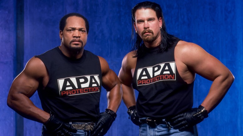 Farooq (Ron Simmons) and Bradshaw (John Layfield) during a promotional shoot for WWE as the APA.