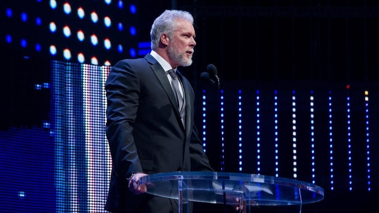 Kevin Nash makes a speech after his induction into the WWE Hall of Fame
