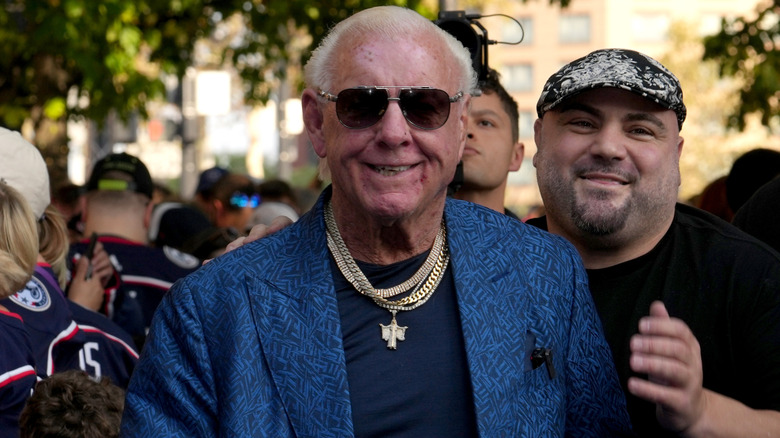 Ric Flair walks the Blue Carpeet before the game between the Columbus Blue Jackets and the Philadelphia Flyers, October 2023.