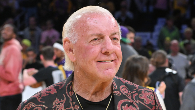 Ric Flair attends a basketball game between the Los Angeles Lakers and the Minnesota Timberwolves at Crypto.com Arena on April 22, 2025 in Los Angeles, California. NOTE TO USER: User expressly acknowledges and agrees that, by downloading and or using this photograph, User is consenting to the terms and conditions of the Getty Images License Agreement.