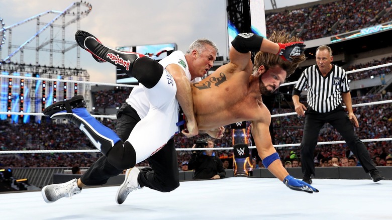 Shane McMahon and AJ Styles wrestling at WWE WrestleMania 33