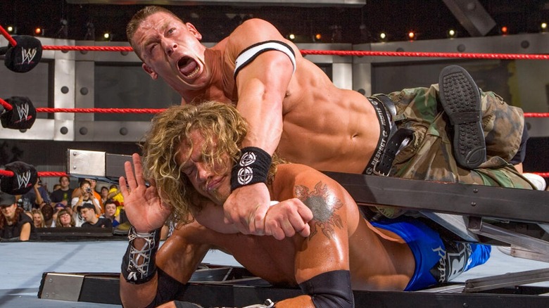 John Cena locking Edge (Adam Copeland) into a STFU during their WWE Title TLC Match at Unforgiven 2006
