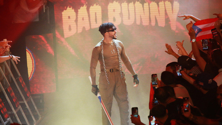 Bad Bunny enters the ring during the WWE Backlash at Coliseo de Puerto Rico José Miguel Agrelot on May 06, 2023 in San Juan, Puerto Rico.