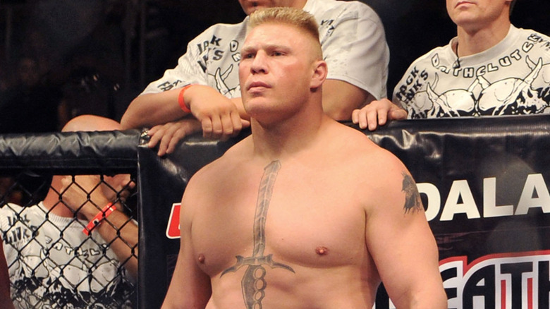 Brock Lesnar waits for the start of the first round in his second clash against Frank Mir, 2009.