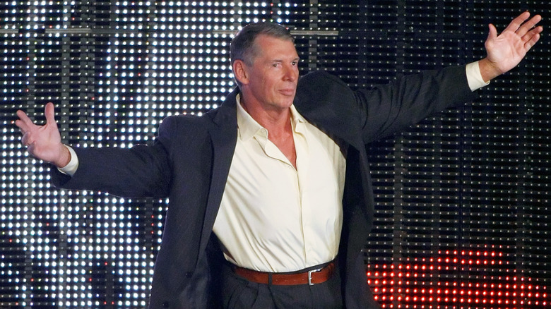 Former WWE CEO and Chairman Vince McMahon dances at the top of an entrance ramp