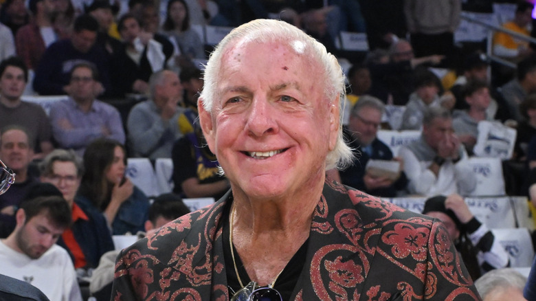 Ric Flair attends a basketball game between the Los Angeles Lakers and the Minnesota Timberwolves at Crypto.com Arena on April 22, 2025 in Los Angeles, California. NOTE TO USER: User expressly acknowledges and agrees that, by downloading and or using this photograph, User is consenting to the terms and conditions of the Getty Images License Agreement.