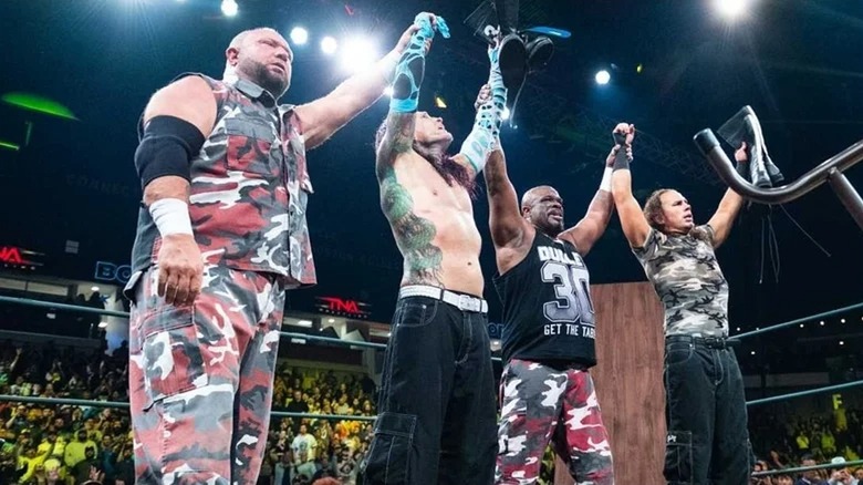 The Dudley Boyz and The Hardy Boyz celebrating togehter after TNA Bound For Glory.