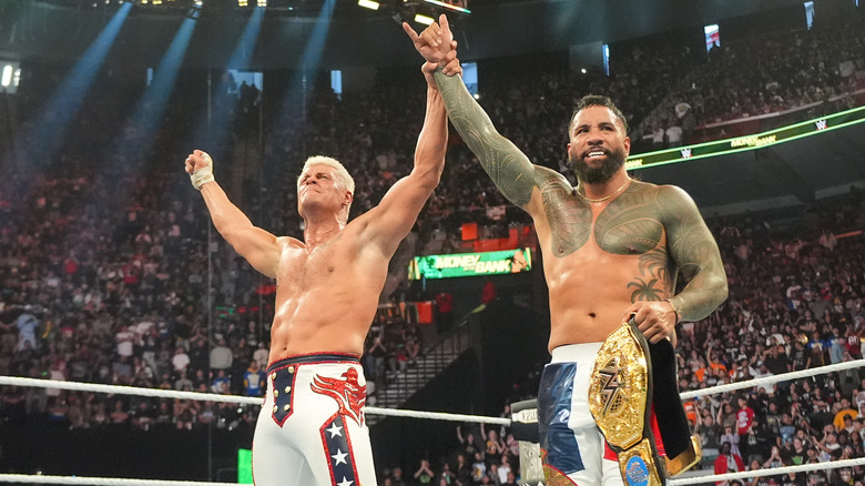 Jey Uso and Cody Rhodes celebrate their victory