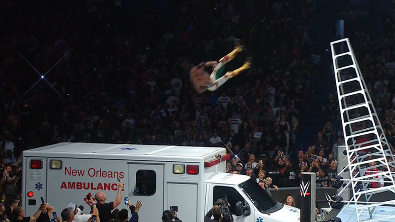 Je'Von Evans falling from a ladder onto an ambulance at WWE Money in the Bank