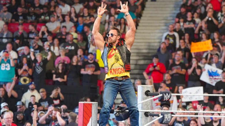 LA Knight poses on the ropes before cutting a promo to open the August 24, 2026 edition of "WWE Raw."