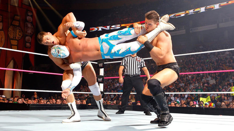 Sin Cara taking down Cody Rhodes and The Miz at Night of Champions 2012