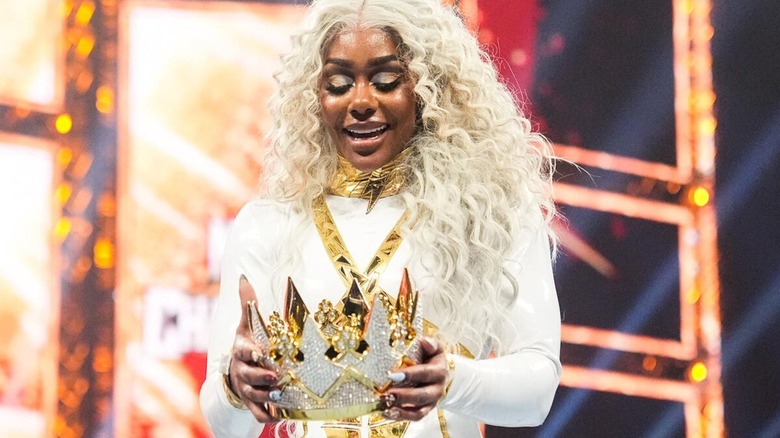 Jade Cargill holds the Queen of the Ring crown after a victory over Asuka in the final at Night of Champions 2025 in Riyadh, Saudi Arabia.