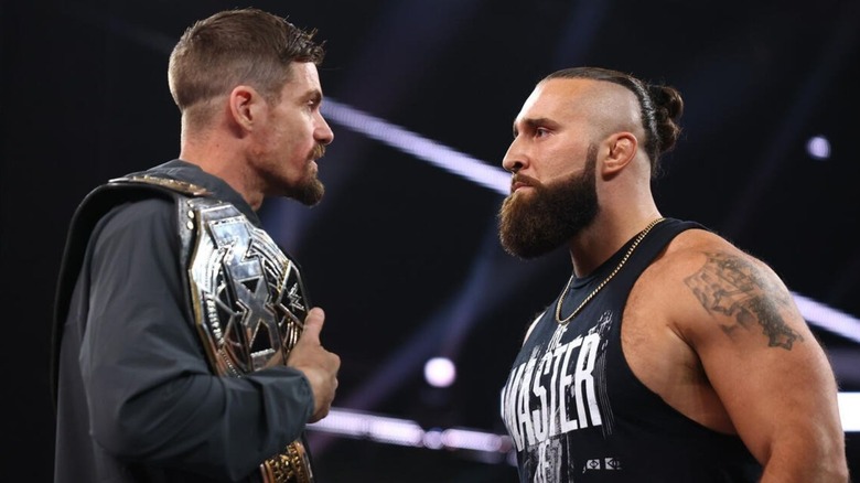 NXT Champion Grayson Waller and Tony D'Angelo stare one another down during a promo segment on the October 20, 2026 edition of "WWE NXT."
