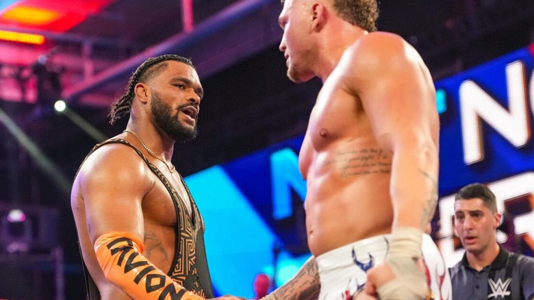 Tavion Heights shakes hands with North American Champion Myles Borne after their match at "WWE NXT" Great American Bash.