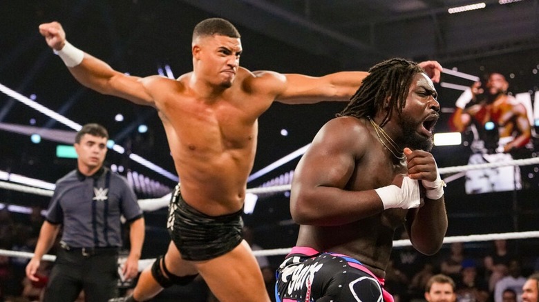 Dion Lennox looks to hit Saquon Shugars with a lariat to the back of the head during their match on the August 11, 2026 edition of "WWE NXT."